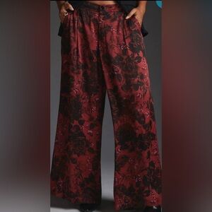 Anthropologie Low-Rise Pleated Wide Leg Trousers Pants Floral Satin Sz 6